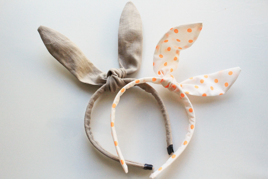 Orange dot and tan linen bunny ear headbands for Easter